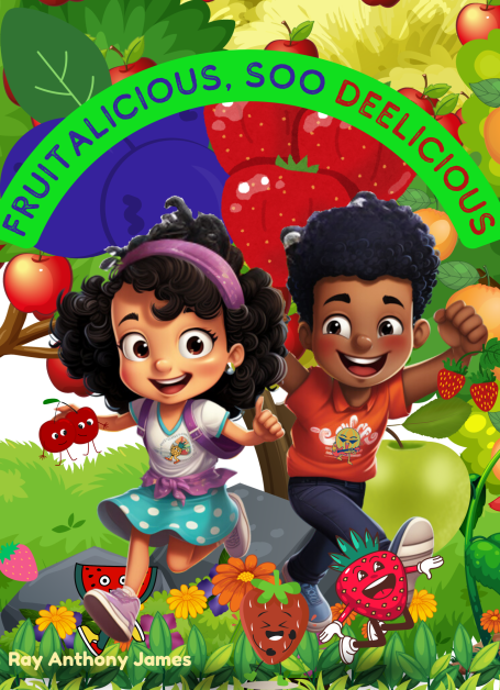 Two joyful children surrounded by colorful fruits and vibrant greenery, promoting healthy eating.