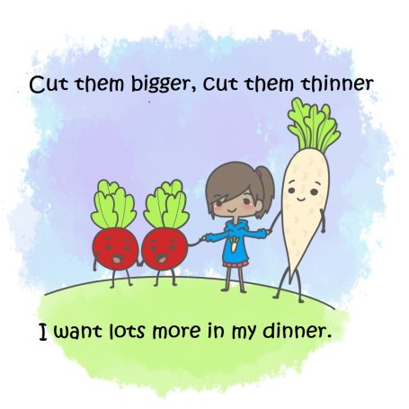 A girl stands and hold hands with radishes and a large celery root, discussing dinner portions.